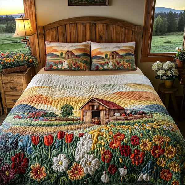 Farm Fresh Dreams quilted 3-piece bedding set on a made bed with two matching pillow shams