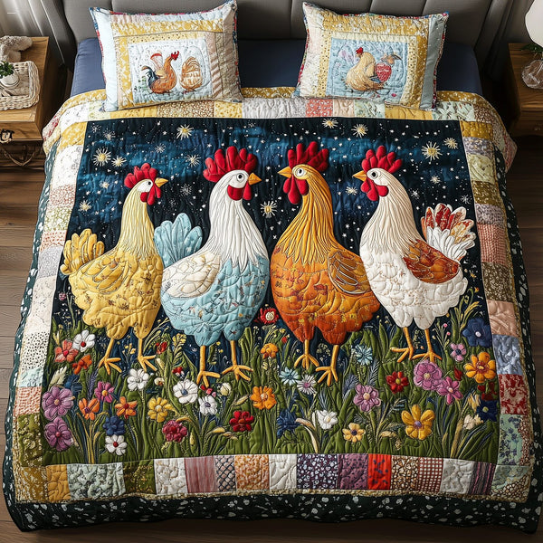 Farm Fresh Flowers quilted 3-piece bedding set on a made bed with two matching pillow shams
