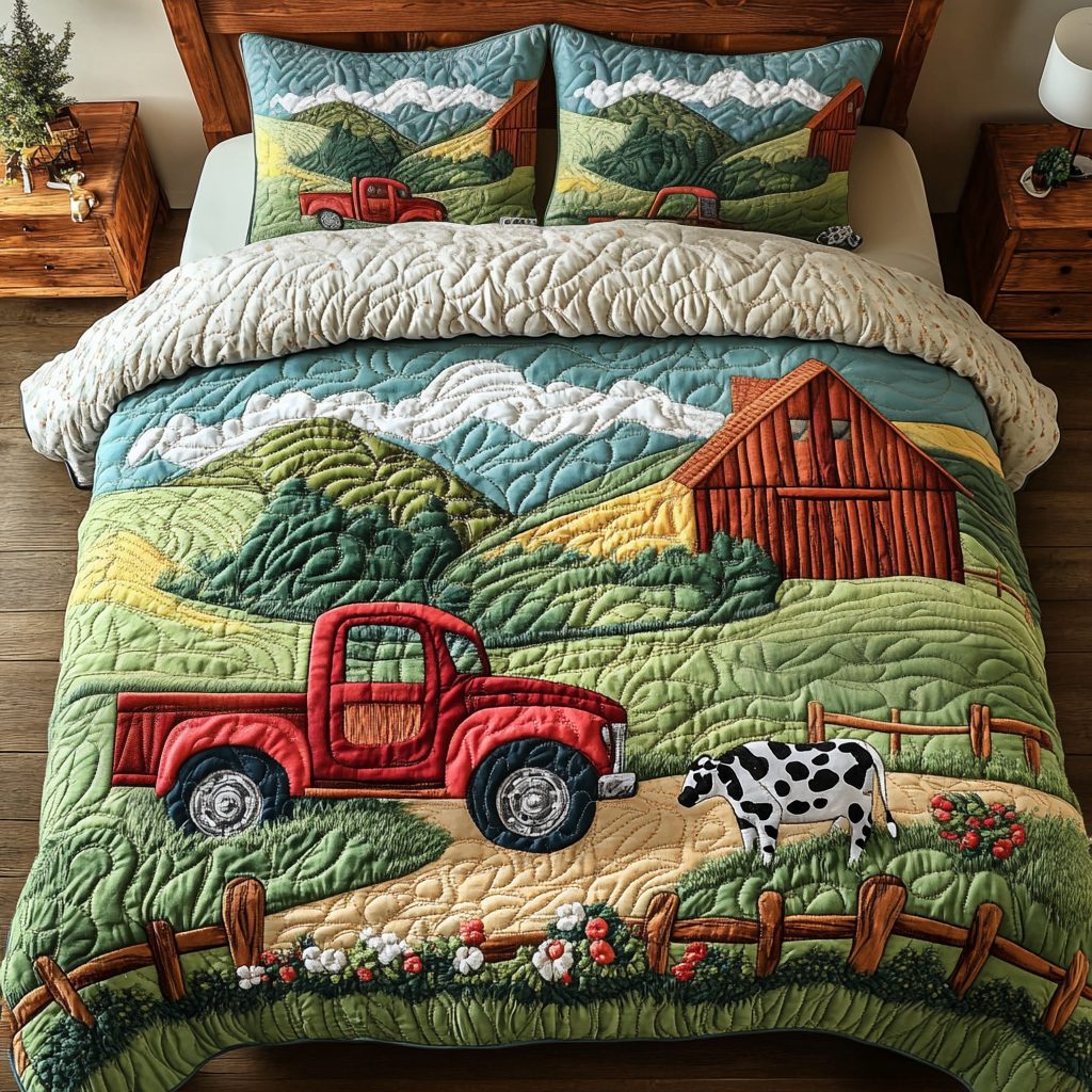 Farm Fresh quilted 3-piece bedding set on a made bed with two matching pillow shams