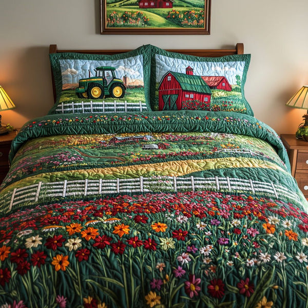 Farm Fresh View quilted 3-piece bedding set on a made bed with two matching pillow shams