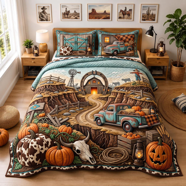 Farm Gateway quilted 3-piece bedding set on a made bed with two matching pillow shams