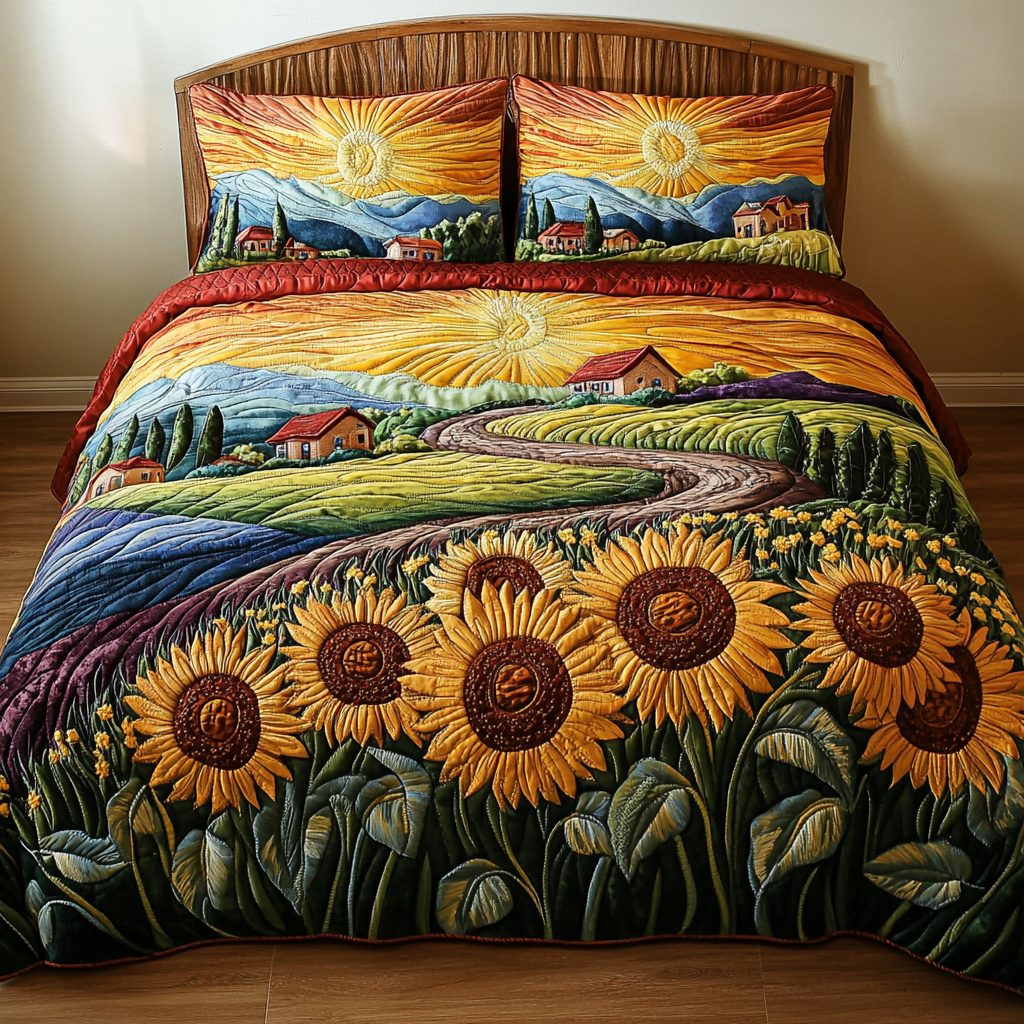 Farm Glow quilted 3-piece bedding set on a made bed with two matching pillow shams