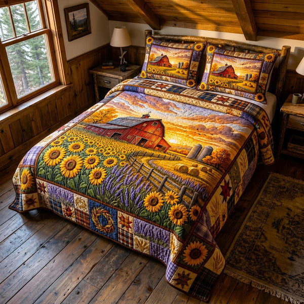 Farm Harvest quilted 3-piece bedding set on a made bed with two matching pillow shams
