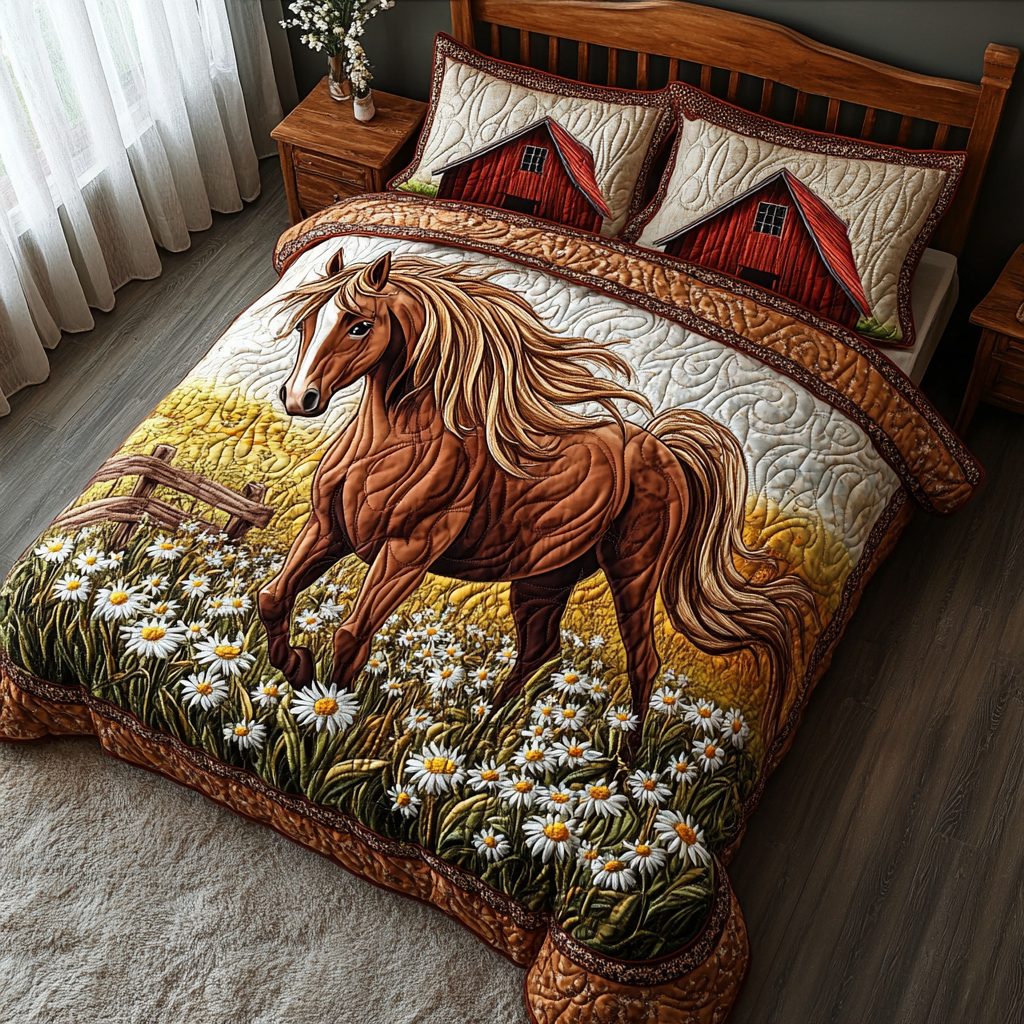 Farm Horse quilted 3-piece bedding set on a made bed in a rustic timber bedroom