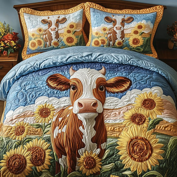Farm Hug quilted 3-piece bedding set on a made bed with two matching pillow shams