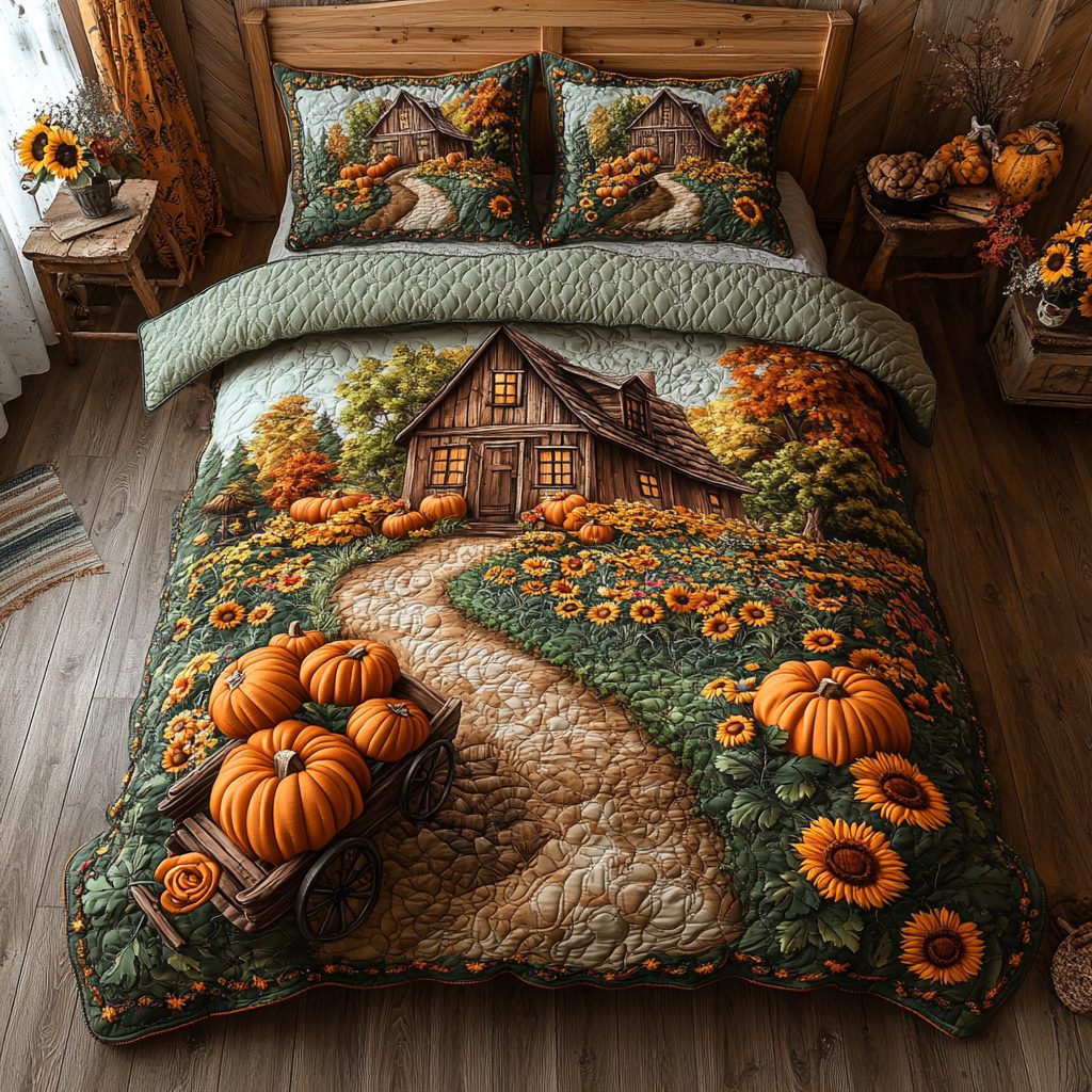 Farm Lane quilted 3-piece bedding set on a made bed with two matching pillow shams