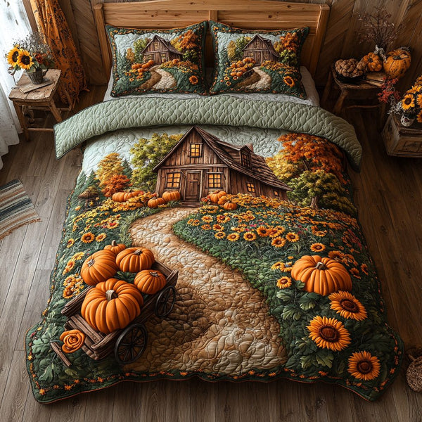 Farm Lane quilted 3-piece bedding set on a made bed with two matching pillow shams