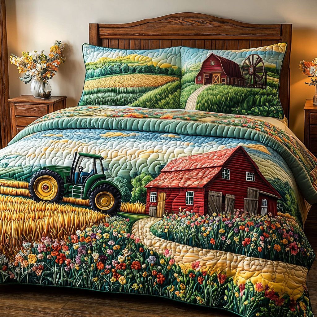 Farm Life Charm quilted 3-piece bedding set on a made bed with two matching pillow shams