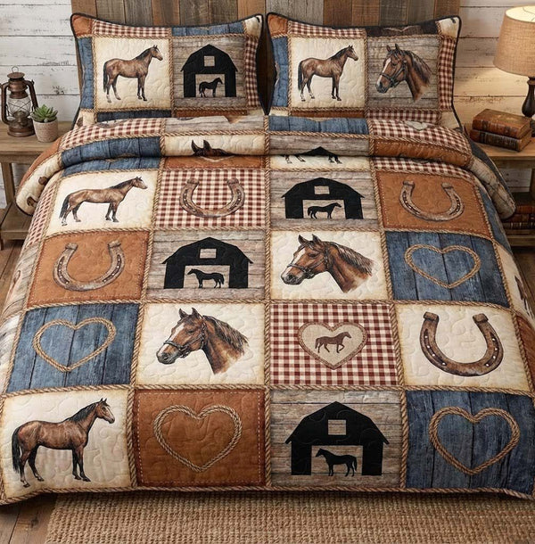 Farm Life quilted 3-piece bedding set on a made bed with two matching pillow shams