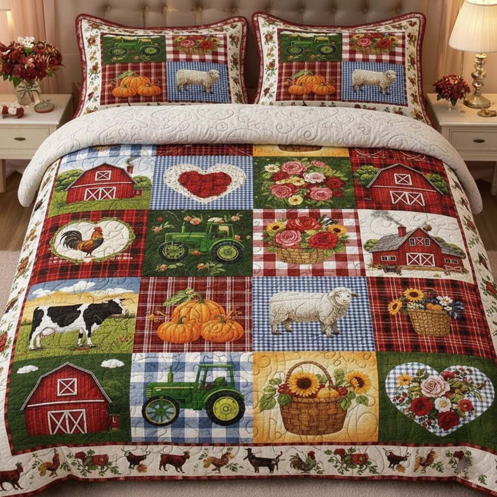 Farm Life quilted 3-piece bedding set on a made bed with two matching pillow shams