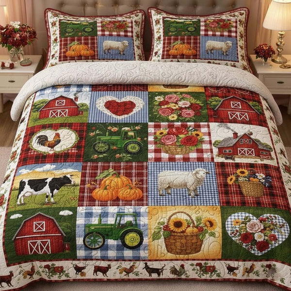 Farm Life quilted 3-piece bedding set on a made bed with two matching pillow shams