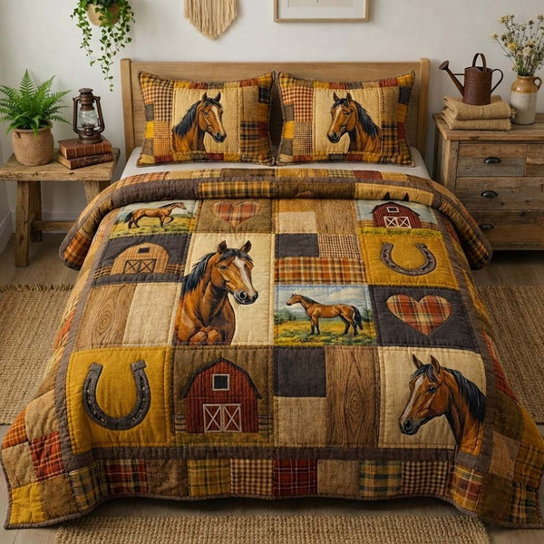 Farm Life quilted 3-piece bedding set on a made bed with two matching pillow shams