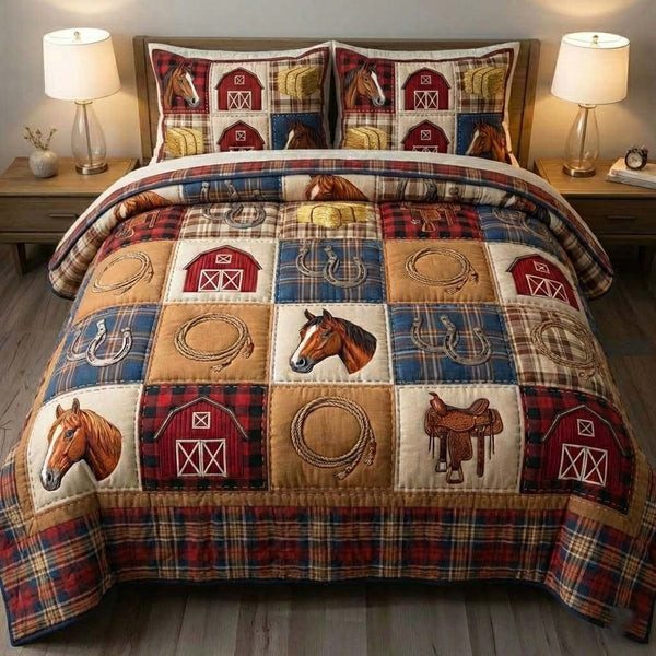 Farm Life quilted 3-piece bedding set on a made bed with two matching pillow shams