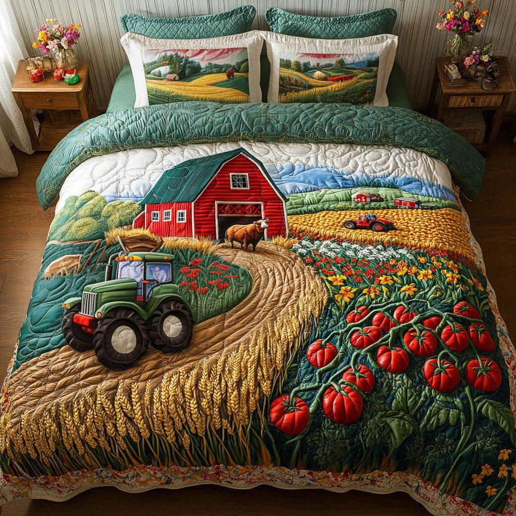 Farm Life quilted 3-piece bedding set on a made bed with two matching pillow shams