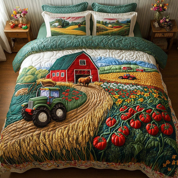 Farm Life quilted 3-piece bedding set on a made bed with two matching pillow shams