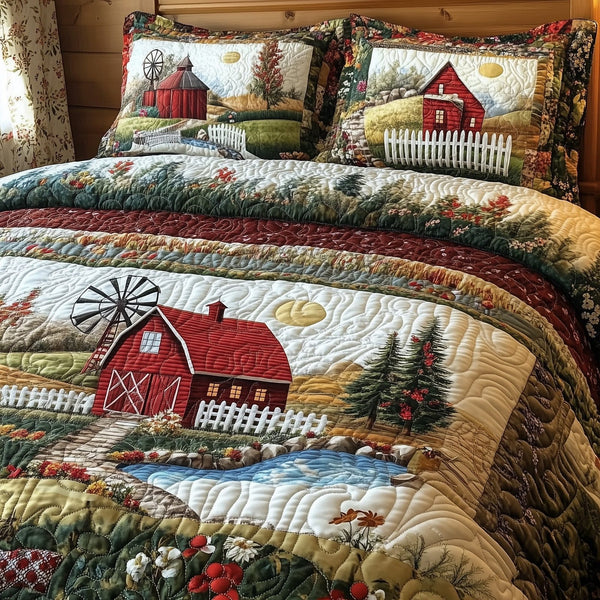 Farm Of Serenity quilted 3-piece bedding set on a made bed with two matching pillow shams