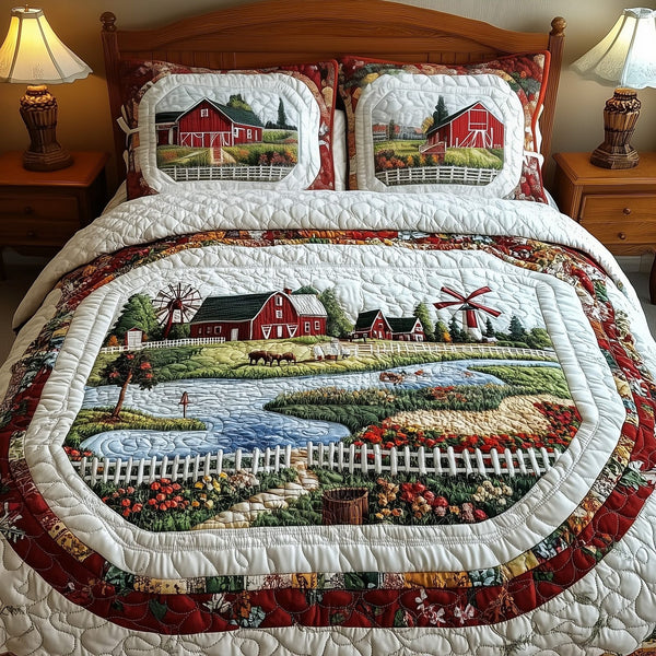 Farm Of Serenity quilted 3-piece bedding set on a made bed with two matching pillow shams