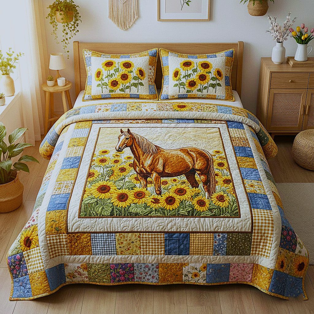 Farm Patch quilted 3-piece bedding set on a made bed with two matching pillow shams