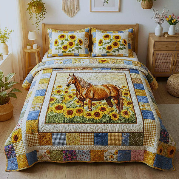 Farm Patch quilted 3-piece bedding set on a made bed with two matching pillow shams