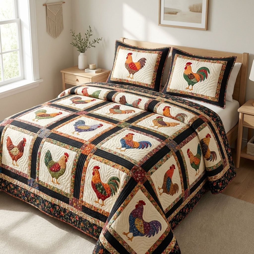 Farm Rooster quilted 3-piece bedding set on a made bed with two matching pillow shams