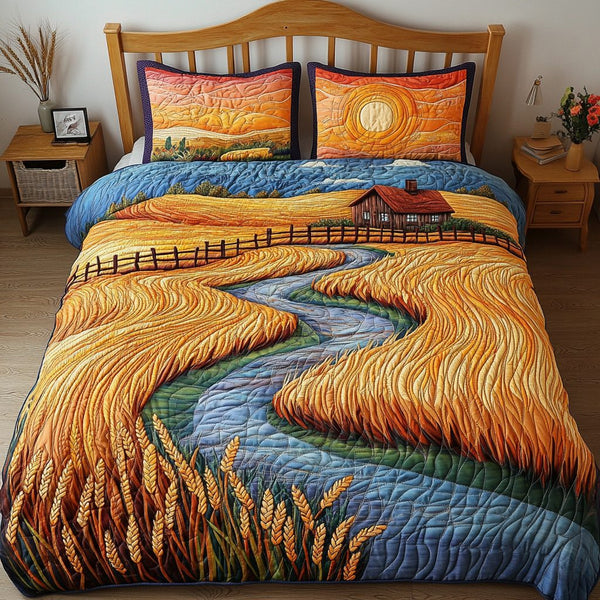 Farm Serenity quilted 3-piece bedding set on a made bed with two matching pillow shams