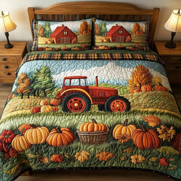Farm Tractor quilted 3-piece bedding set on a made bed with two matching pillow shams