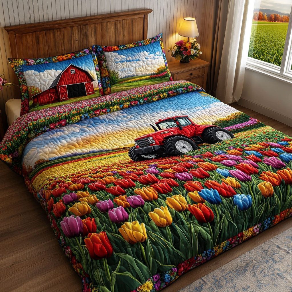 Farm Tranquility quilted 3-piece bedding set on a made bed with two matching pillow shams