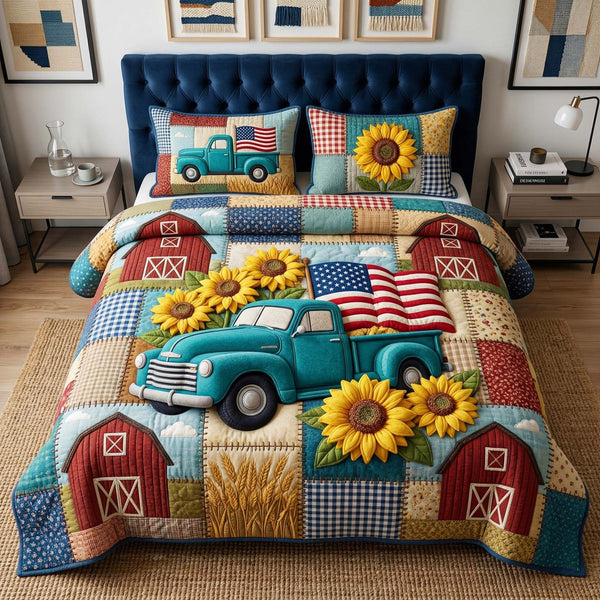 Farm Truck quilted 3-piece bedding set on a made bed with two matching pillow shams