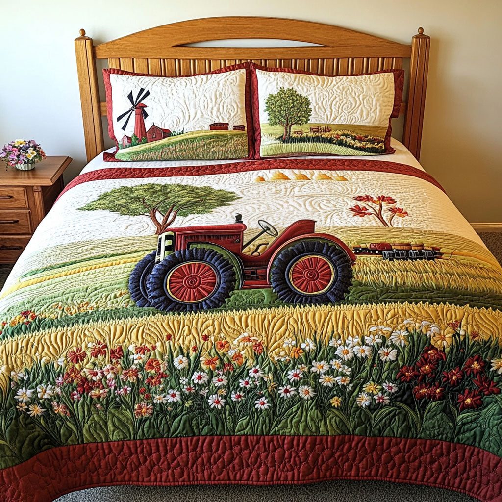 Farmall Vista quilted 3-piece bedding set on a made bed with two matching pillow shams