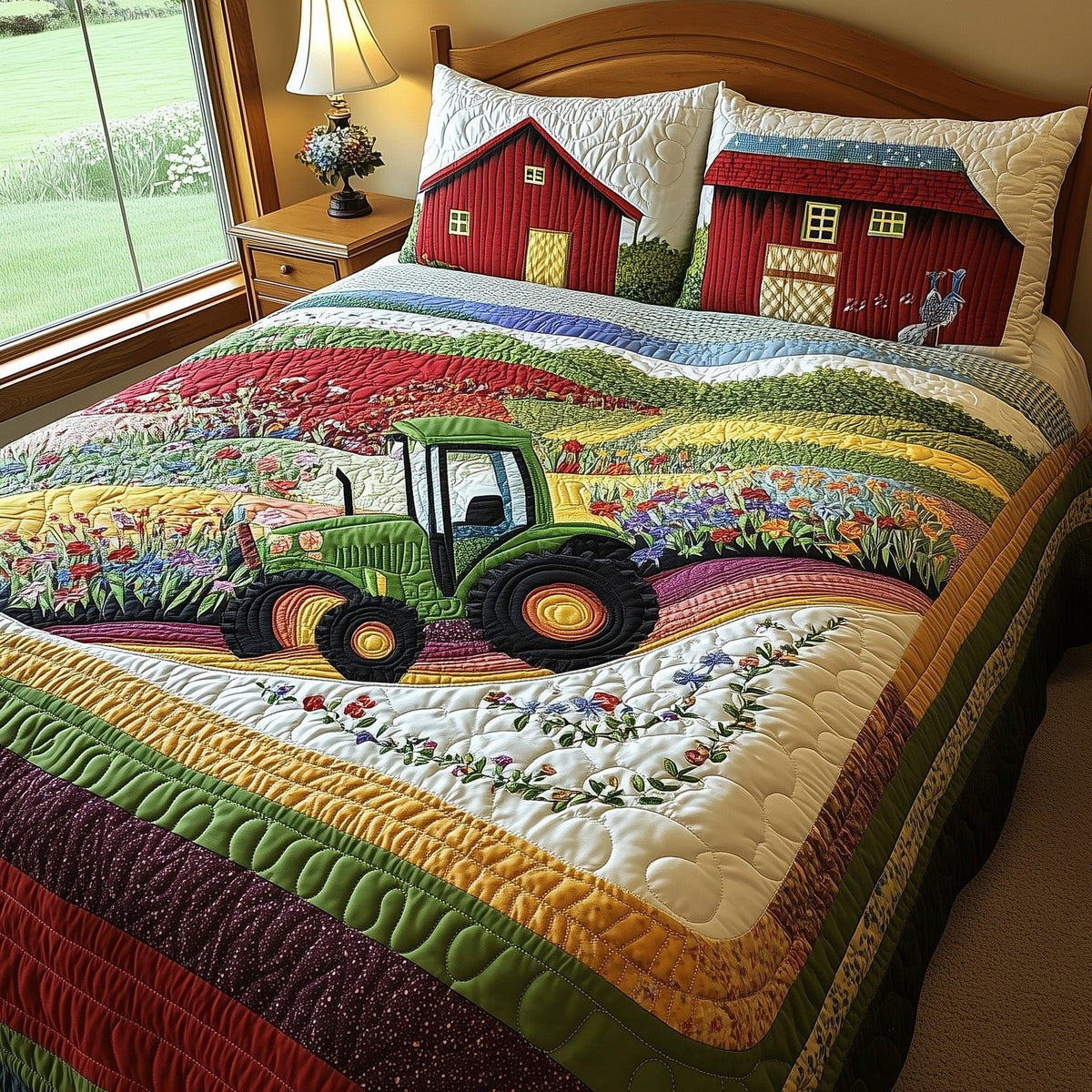 Farmer Dream quilted 3-piece bedding set on a made bed with two matching pillow shams