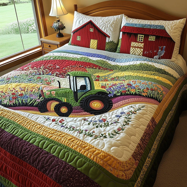Farmer Dream quilted 3-piece bedding set on a made bed with two matching pillow shams