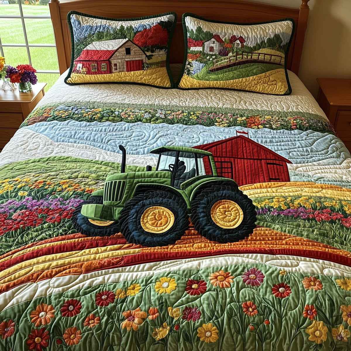 Farmer Dream quilted 3-piece bedding set on a made bed with two matching pillow shams