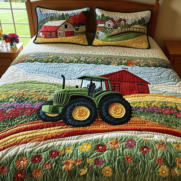 Farmer Dream quilted 3-piece bedding set on a made bed with two matching pillow shams