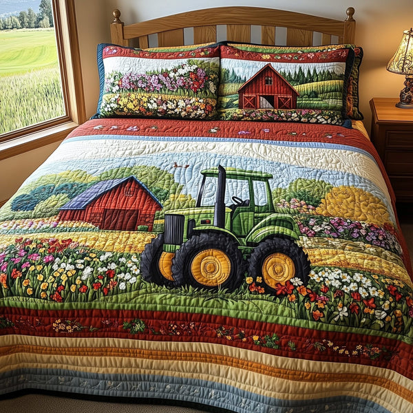 Farmer Dream quilted 3-piece bedding set on a made bed with two matching pillow shams