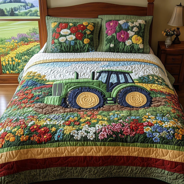 Farmer Dream quilted 3-piece bedding set on a made bed with two matching pillow shams