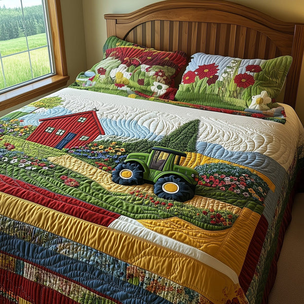 Farmer Dream quilted 3-piece bedding set on a made bed with two matching pillow shams