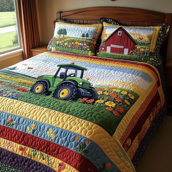 Farmer Dream quilted 3-piece bedding set on a made bed with two matching pillow shams