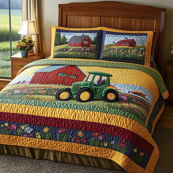 Farmer Heaven quilted 3-piece bedding set on a made bed in a softly lit bedroom