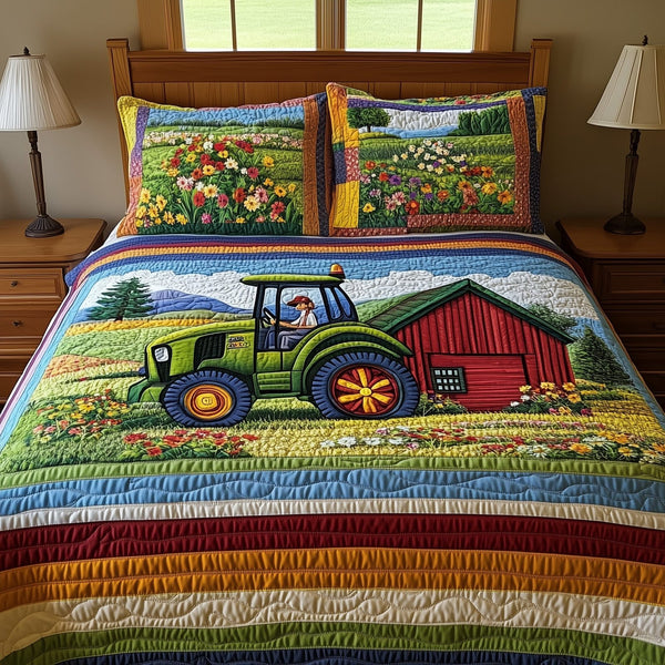 Farmer Heaven quilted 3-piece bedding set on a made bed in a softly lit bedroom