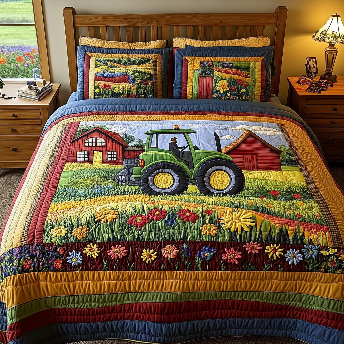 Farmer Heaven quilted 3-piece bedding set on a made bed in a softly lit bedroom
