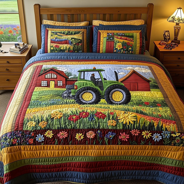 Farmer Heaven quilted 3-piece bedding set on a made bed in a softly lit bedroom