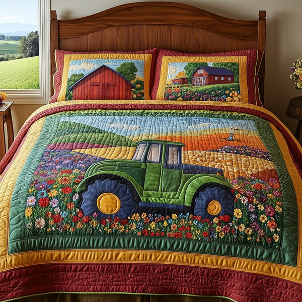Farmer Heaven quilted 3-piece bedding set on a made bed in a softly lit bedroom
