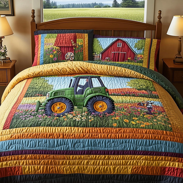 Farmer Heaven quilted 3-piece bedding set on a made bed in a softly lit bedroom