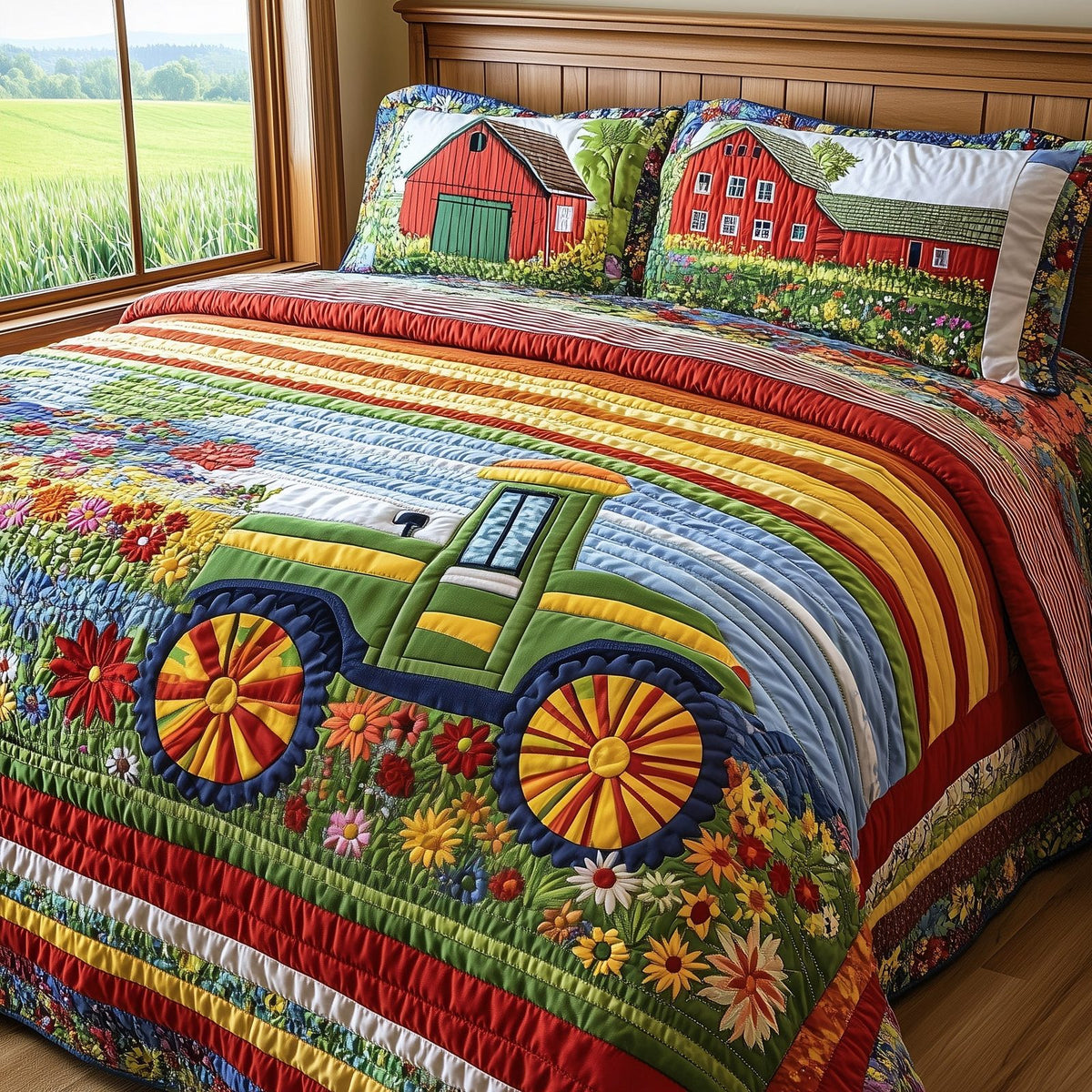 Farmer Heaven quilted 3-piece bedding set on a made bed in a softly lit bedroom