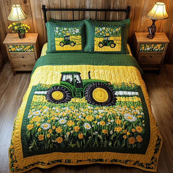 Farmfield Adventure quilted 3-piece bedding set on a made bed in a winter-styled bedroom