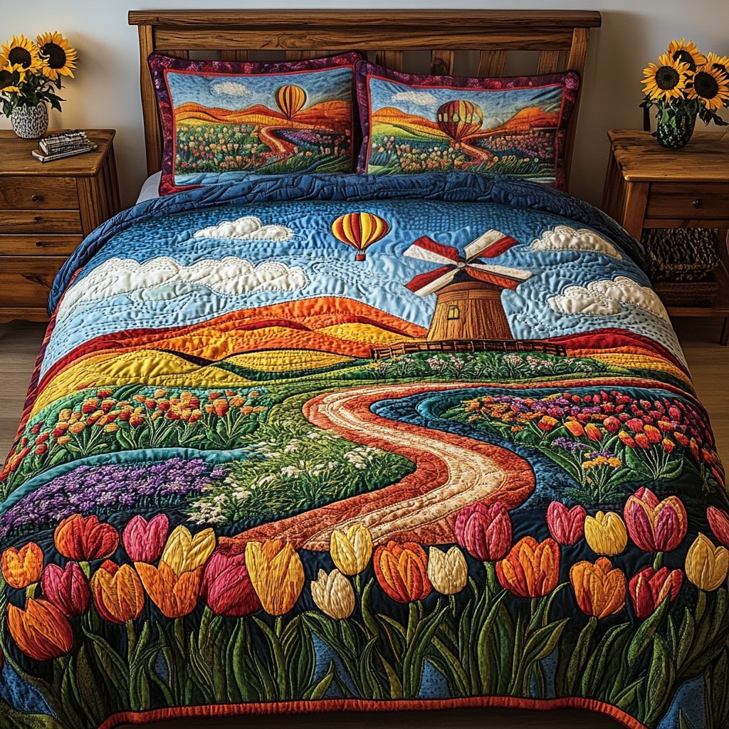 Farmhouse Bloom quilted 3-piece bedding set on a made bed in a farmhouse bedroom