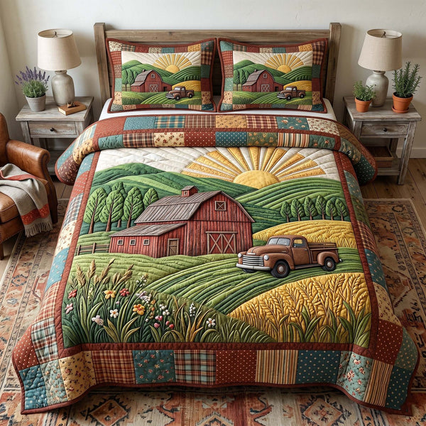 Farmhouse Charm quilted 3-piece bedding set on a made bed in a farmhouse bedroom
