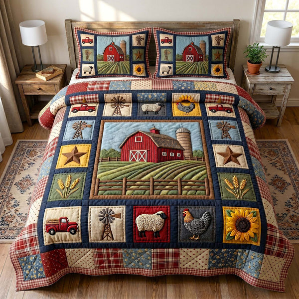 Farmhouse Charm quilted 3-piece bedding set on a made bed in a farmhouse bedroom