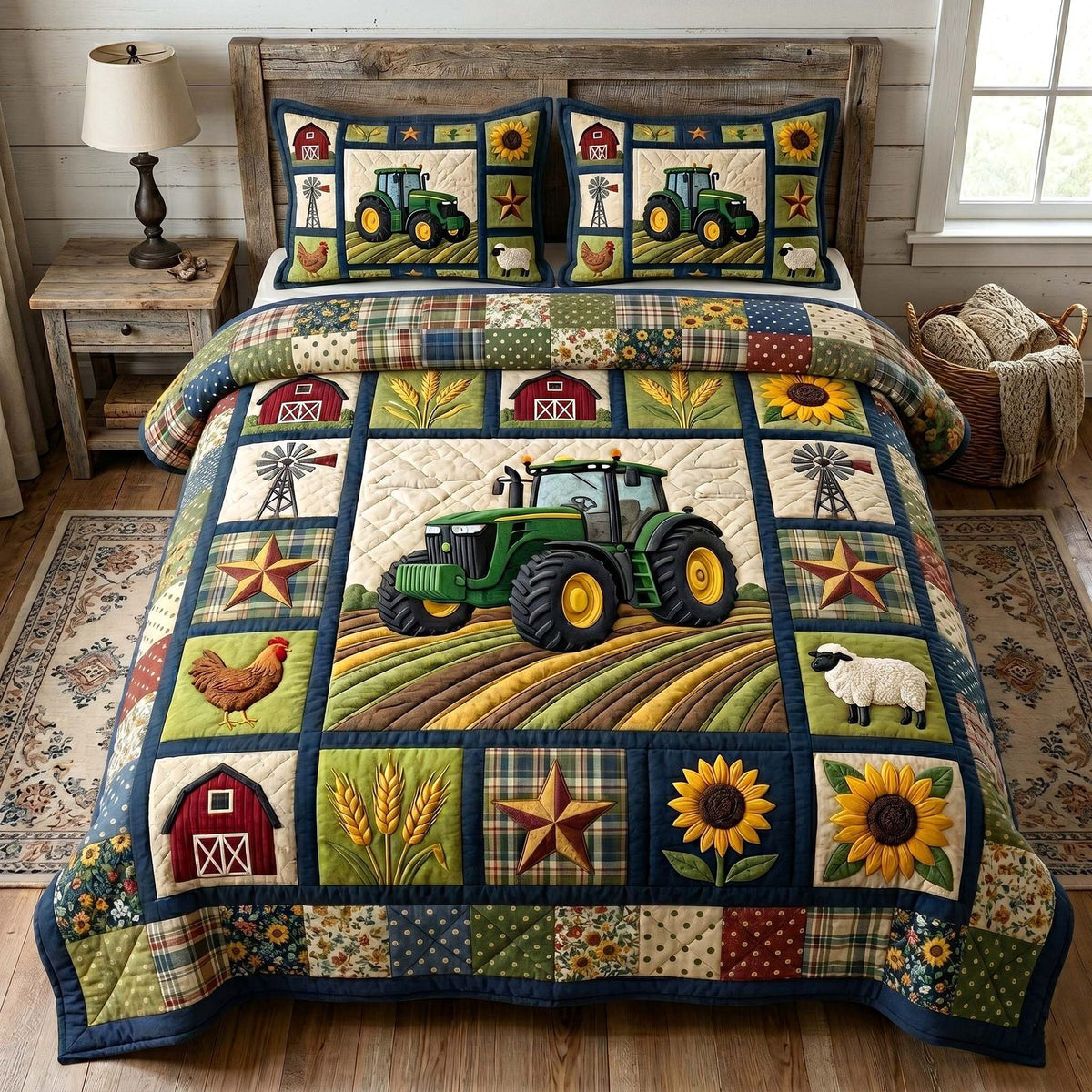 Farmhouse Charm quilted 3-piece bedding set on a made bed in a farmhouse bedroom