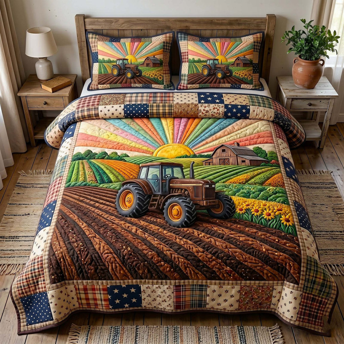 Farmhouse Charm quilted 3-piece bedding set on a made bed in a farmhouse bedroom